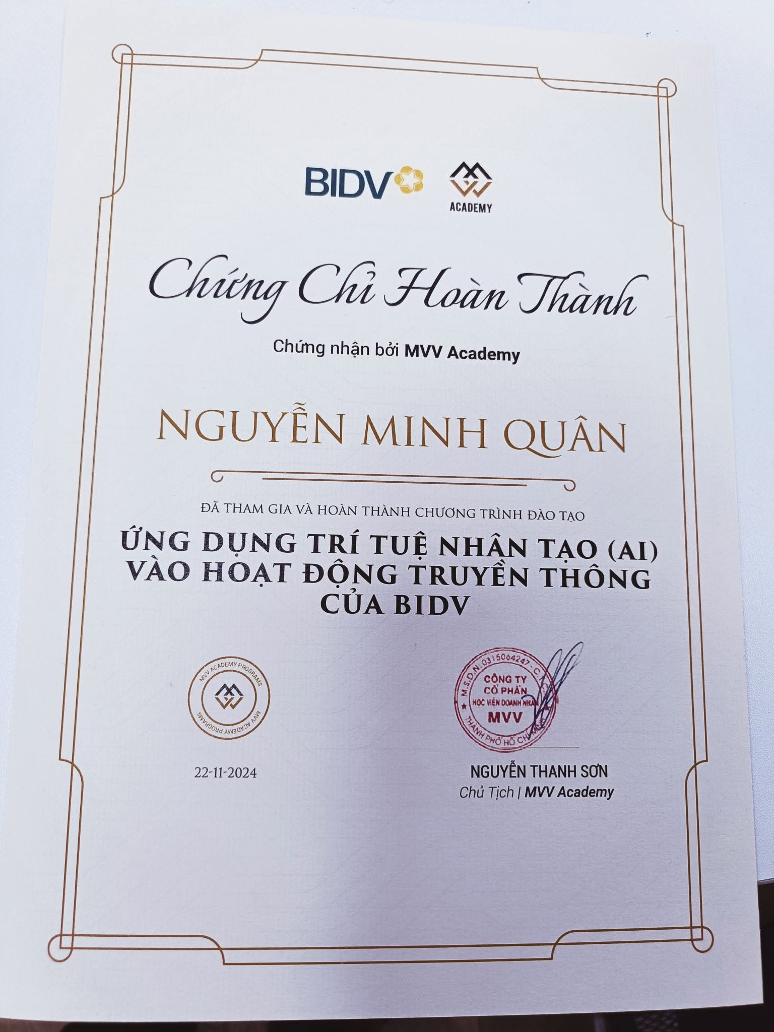Nguyễn Minh Quân hoàn thành chương trình ứng dụng AI vào hoạt động truyền thông của BIDV
