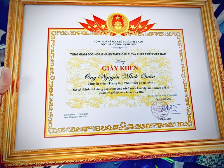Nguyễn Minh Quân được BIDV ghi nhận với đóng góp trong dự án chuyển đổi số