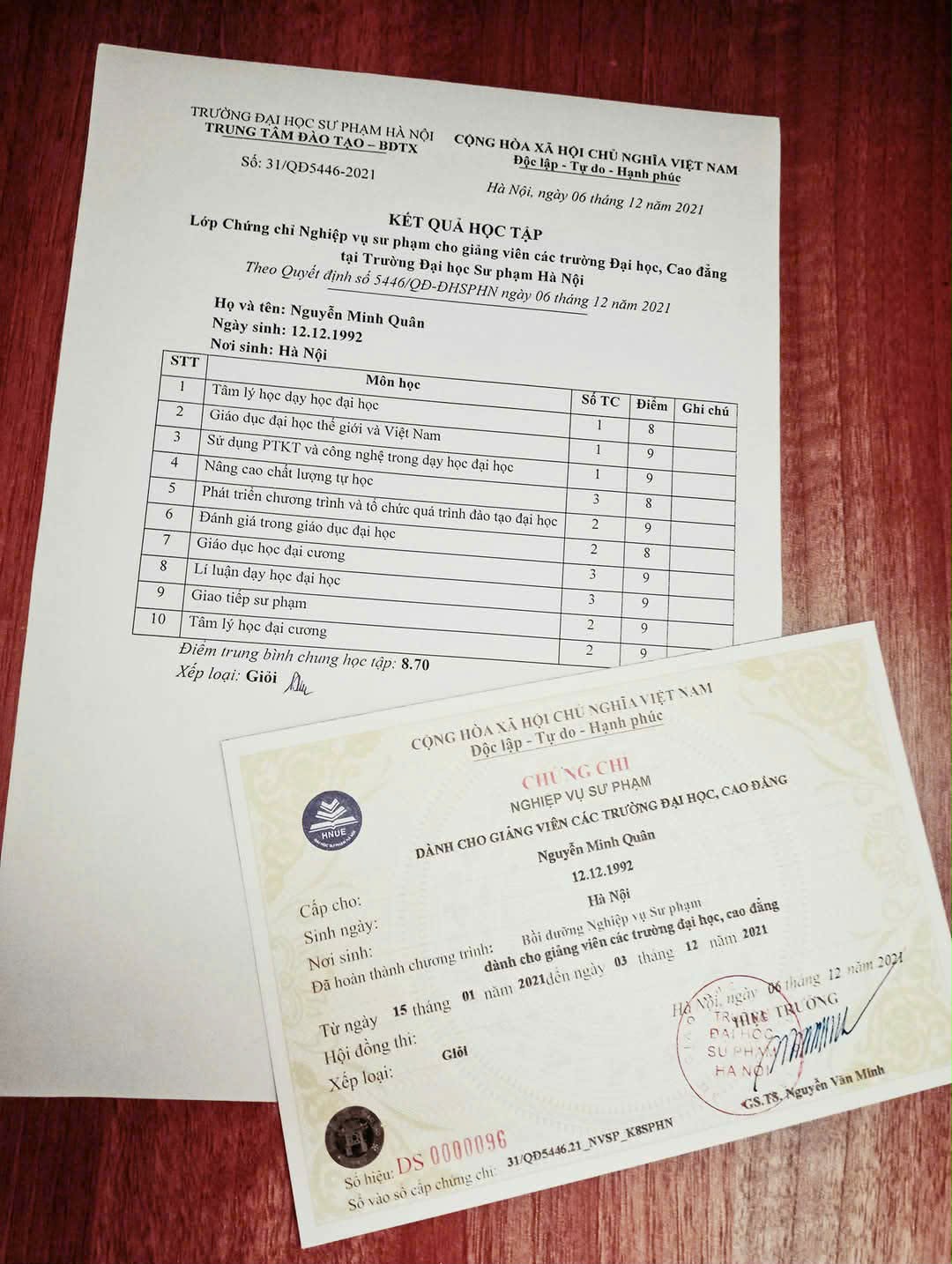 Chứng chỉ nghiệp vụ sư phạm của Nguyễn Minh Quân