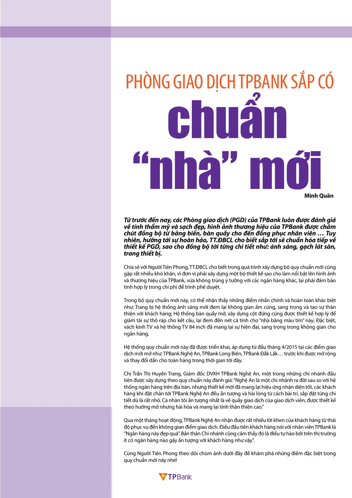 Trang bài Phòng giao dịch TPBank sắp có chuẩn nhà mới, byline Minh Quân, Người Tiên Phong số 29