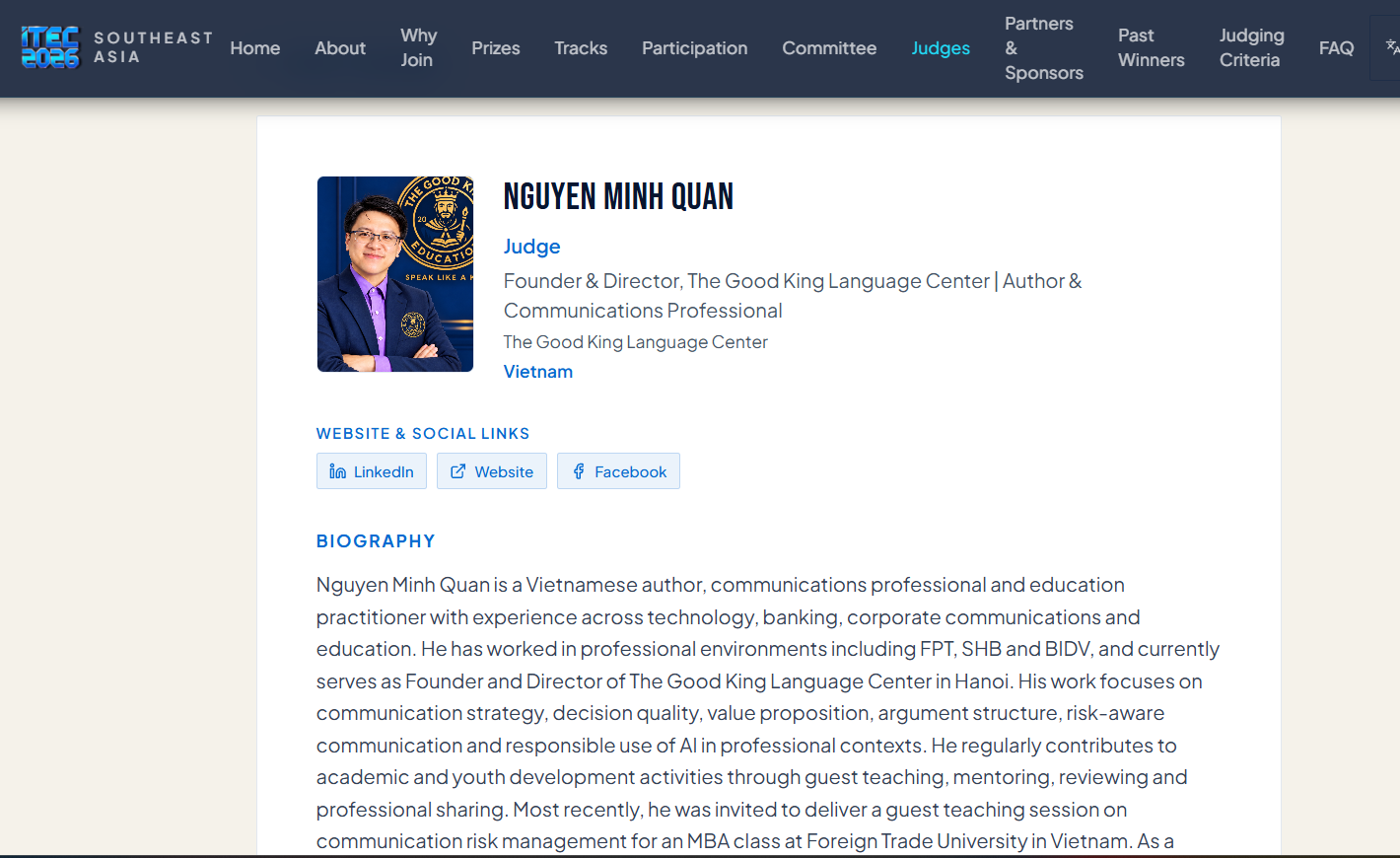 Hồ sơ giám khảo Nguyễn Minh Quân trên website ITEC Southeast Asia 2026